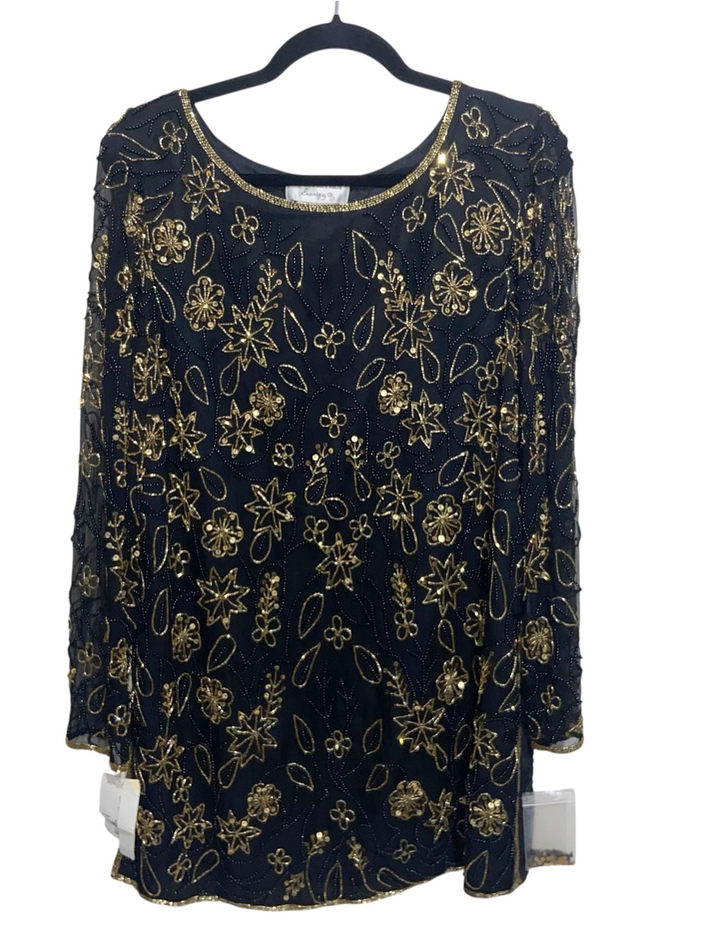 Vintage Adrianna Papell Tunic Top Womens Large Evening Beaded Sheer Long Sleeve